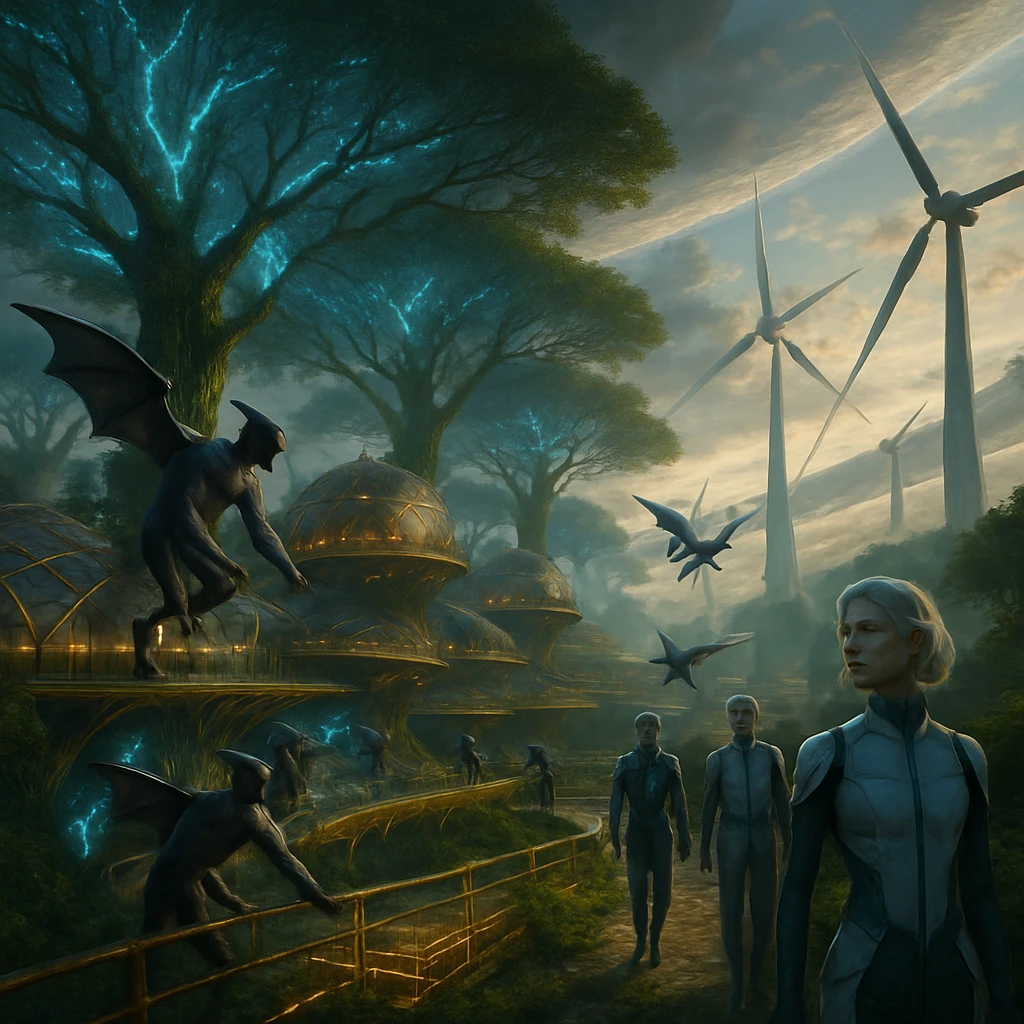 未来的な星環上に広がる緑豊かな都市で、翼を持つ種族と市民が再生可能エネルギー施設の中で協働している様子。