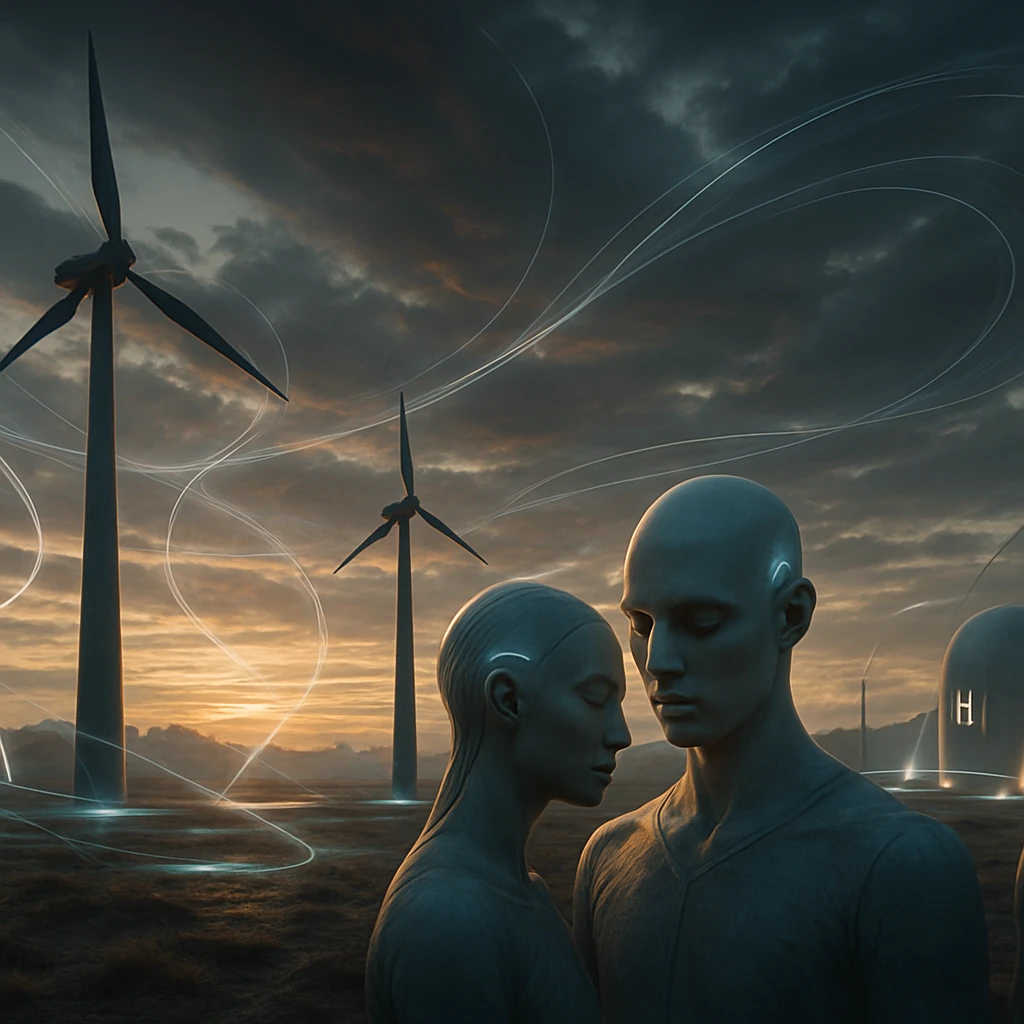 異星の大地に並ぶ未来的な風力発電塔と水素ステーション、その前に意思疎通するソルニアン族が立つ写真風のイメージ。