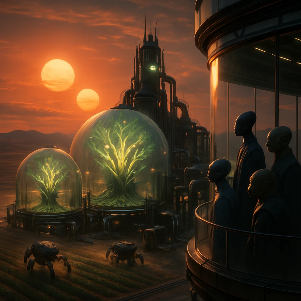 透明なドーム内で発光する超収束植物や自走型収穫機が稼働し、異種族の評議員がガラス越しに見守っている近未来の発電所風景。