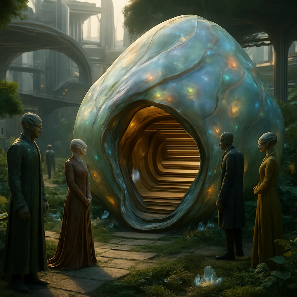 未来的な有機的住居繭が発光する結晶をまとい、異星都市の庭園に設置されている様子。