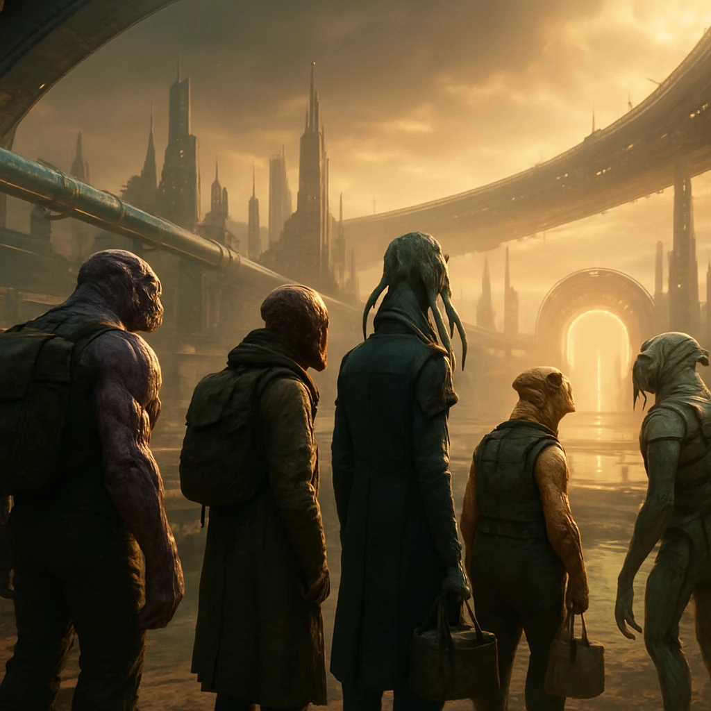 異なる種族が混在する多肢体の労働者たちが、サイバーな都市風景の前で転送ポータルを見つめている様子。