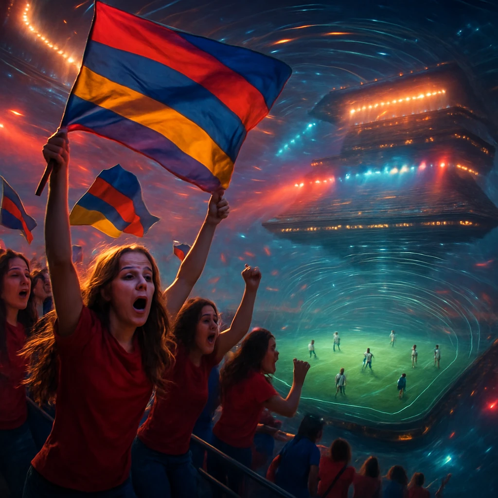 未来的な反重力サッカースタジアムで、女性観客たちが浮遊デッキから多軸フラッグを振り応援している様子。