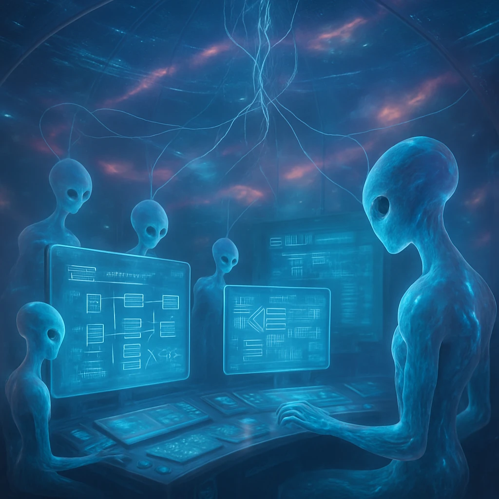 光る神経状の糸でつながれた異星人集団が、浮遊するホログラムのプロジェクトボードを囲んで夢幻的なドーム空間で議論している様子。