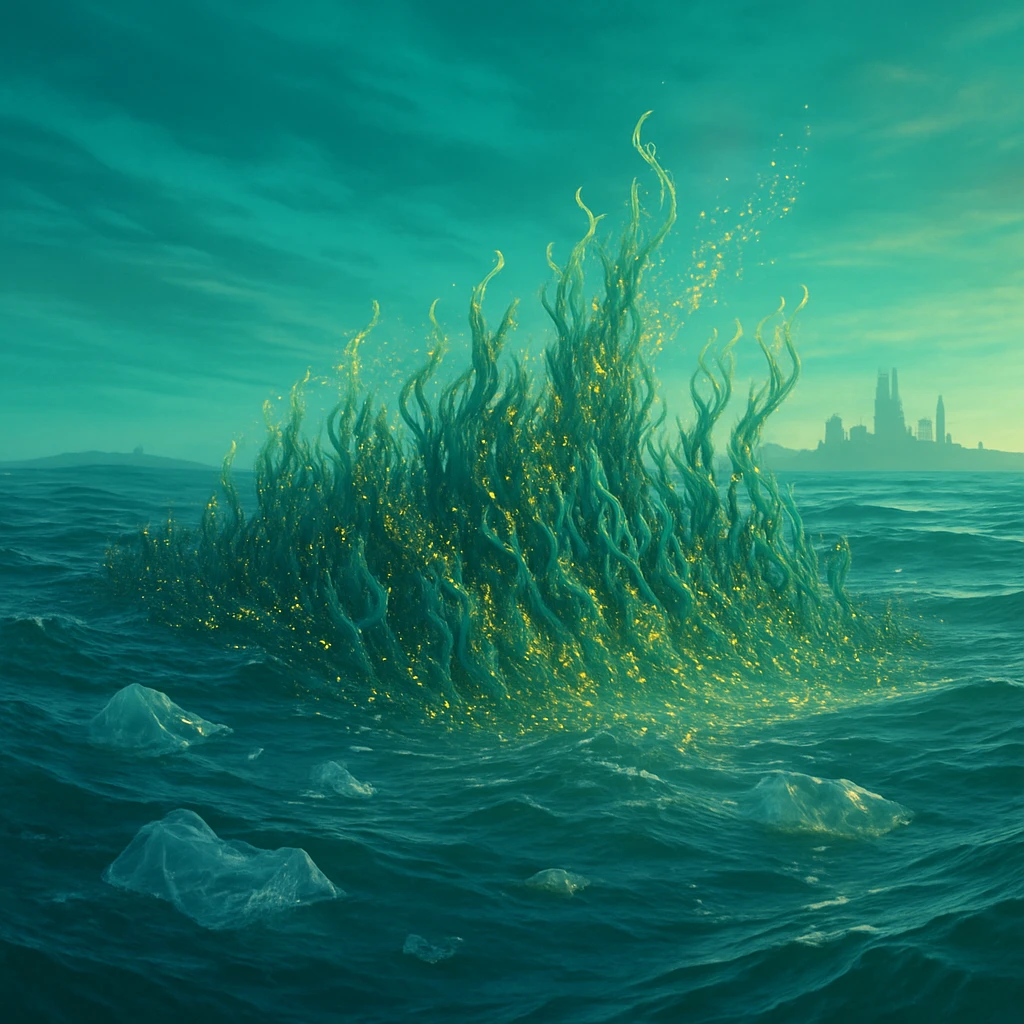 異星の青緑色の海で、発光する藻類が漂うプラスチックごみを分解しながら浮かんでいる様子。