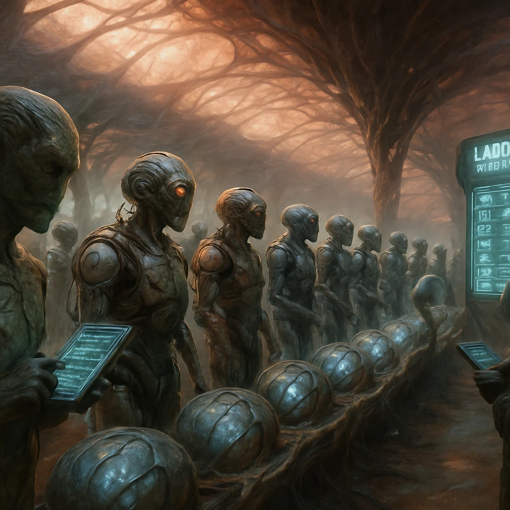 未来的なカアラトル星の労働市場で、根状コンベアシステムの周囲にロボット型や有機体型のナノ複製師が並ぶ光景。