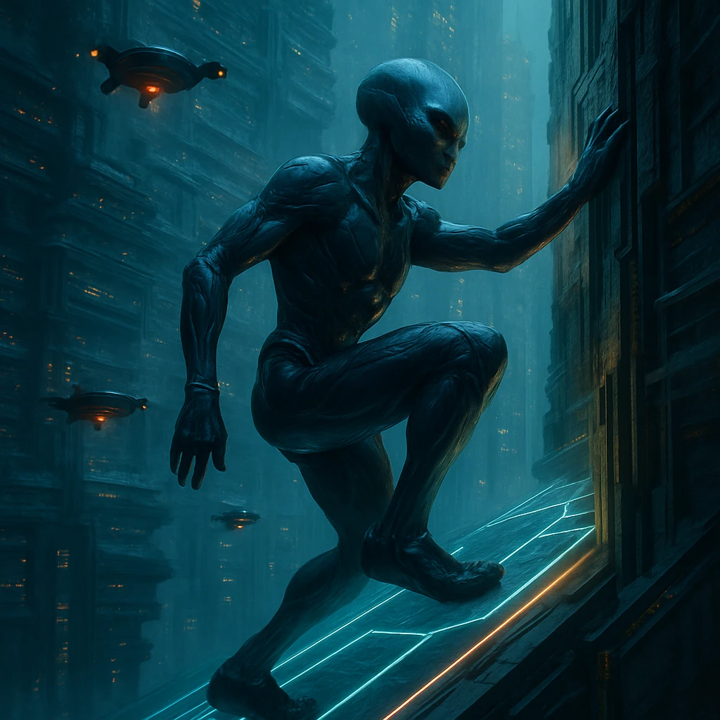 未来的な垂直都市を登る異星人アスリートと、その周囲を飛ぶ複数のAIドローンの様子。