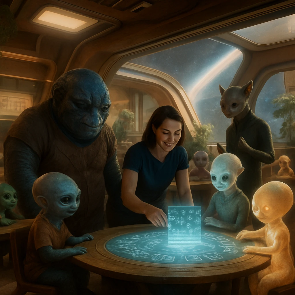 多様な異星人の子どもたちと複数種族のスタッフが最先端の孵化場で集まり、ホログラムを囲んで交流している様子。