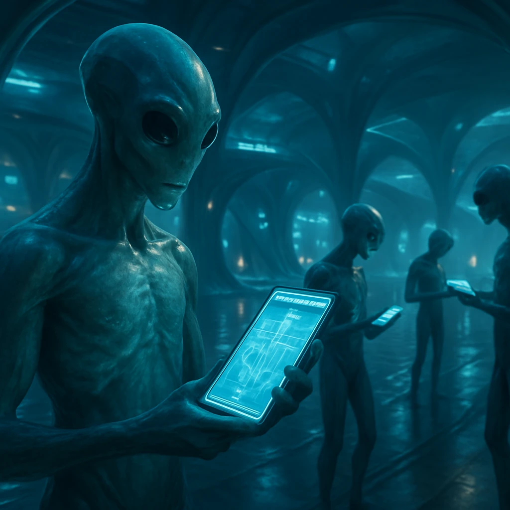 水路都市の青白い照明の下、ラエノロプス種族のエイリアンが発光する避難カードを手に持ち、周囲の仲間とともに水網の中で情報を確認している場面。