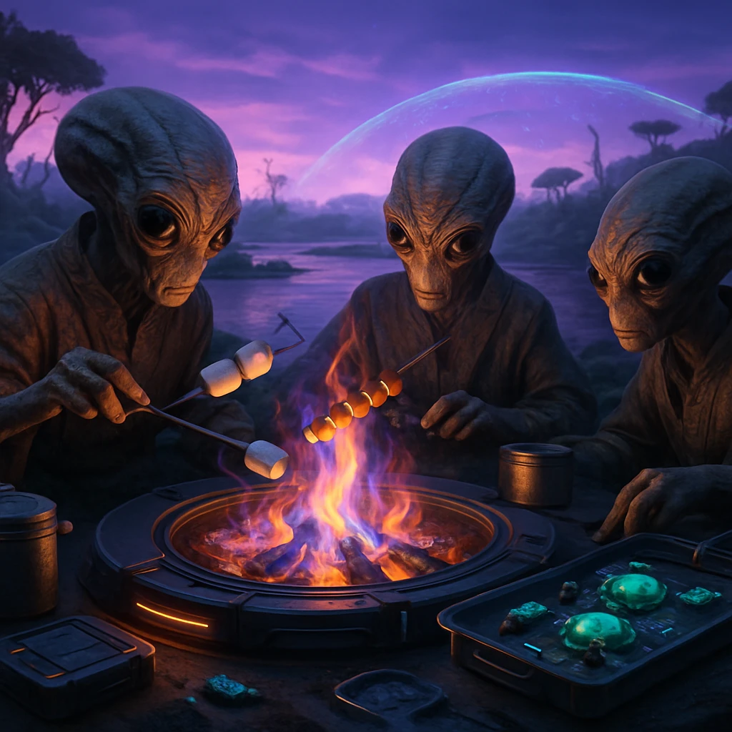 銀色の肌を持つ異星人たちが、幻想的な焚き火台で発光する昆虫とマシュマロを同時に串焼きにしているキャンプ場の一場面。