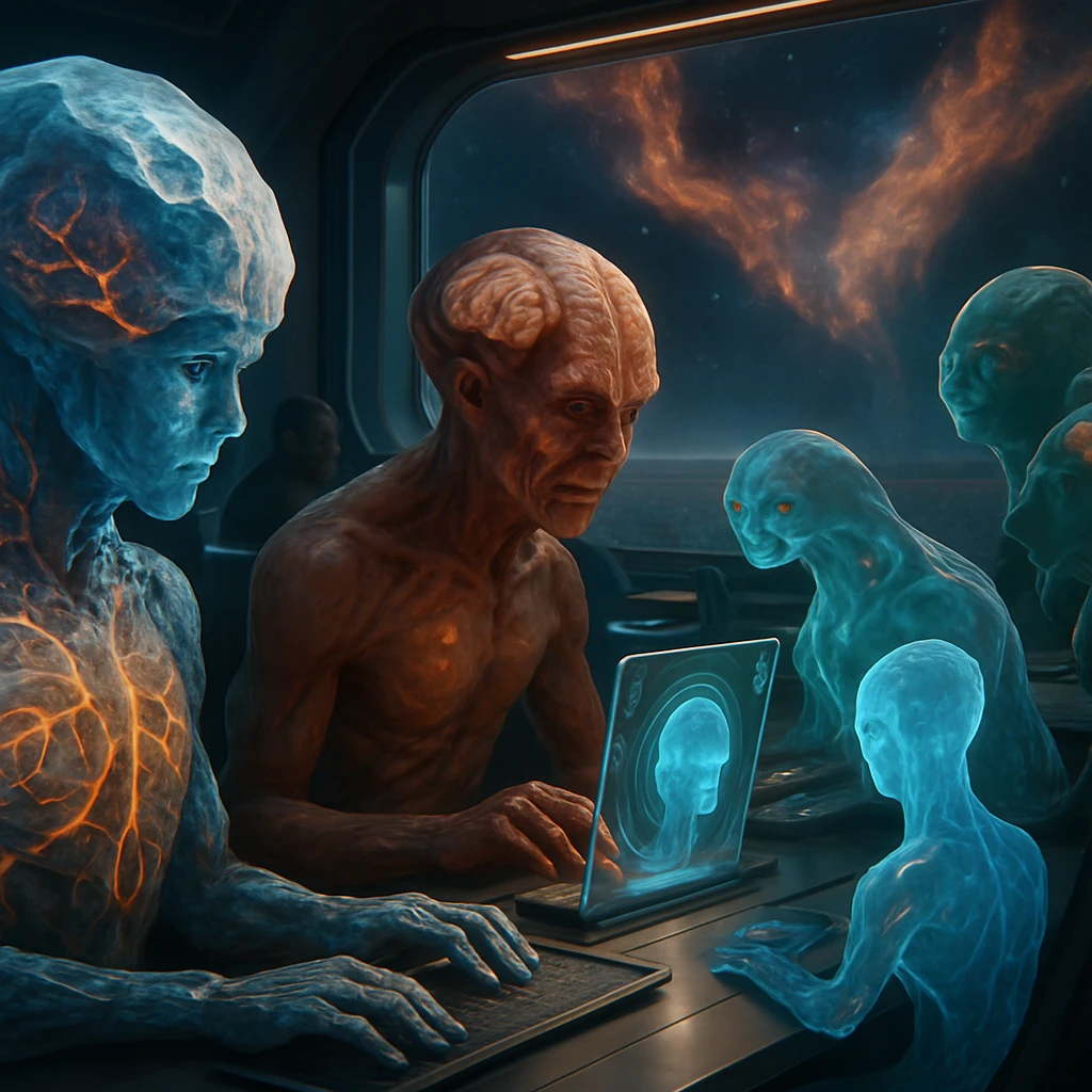 多様な形態の知的生命体が未来的な職場で共に働く様子をリアルに描いた一場面。