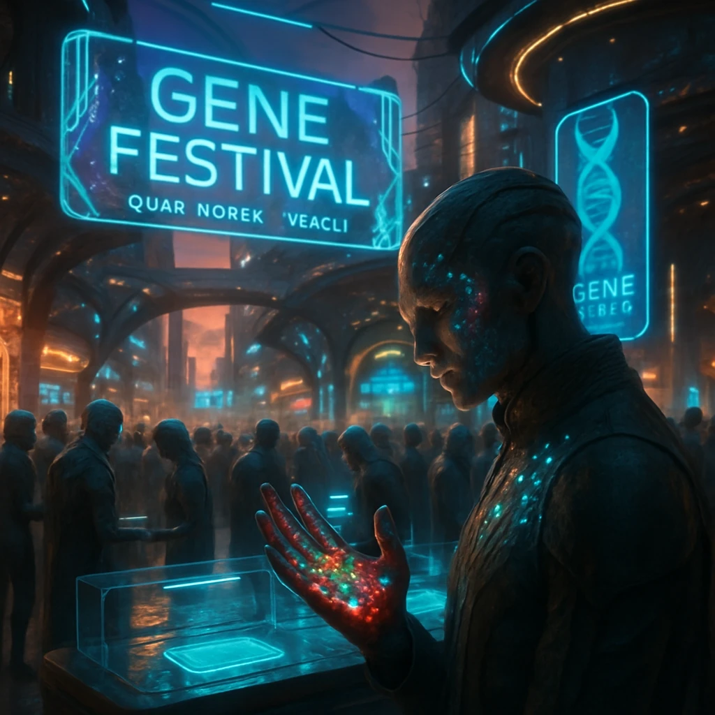 未来的な都市の広場で多様な市民が光る遺伝子情報表示モジュールを手に集まり、祝祭を楽しんでいる様子。