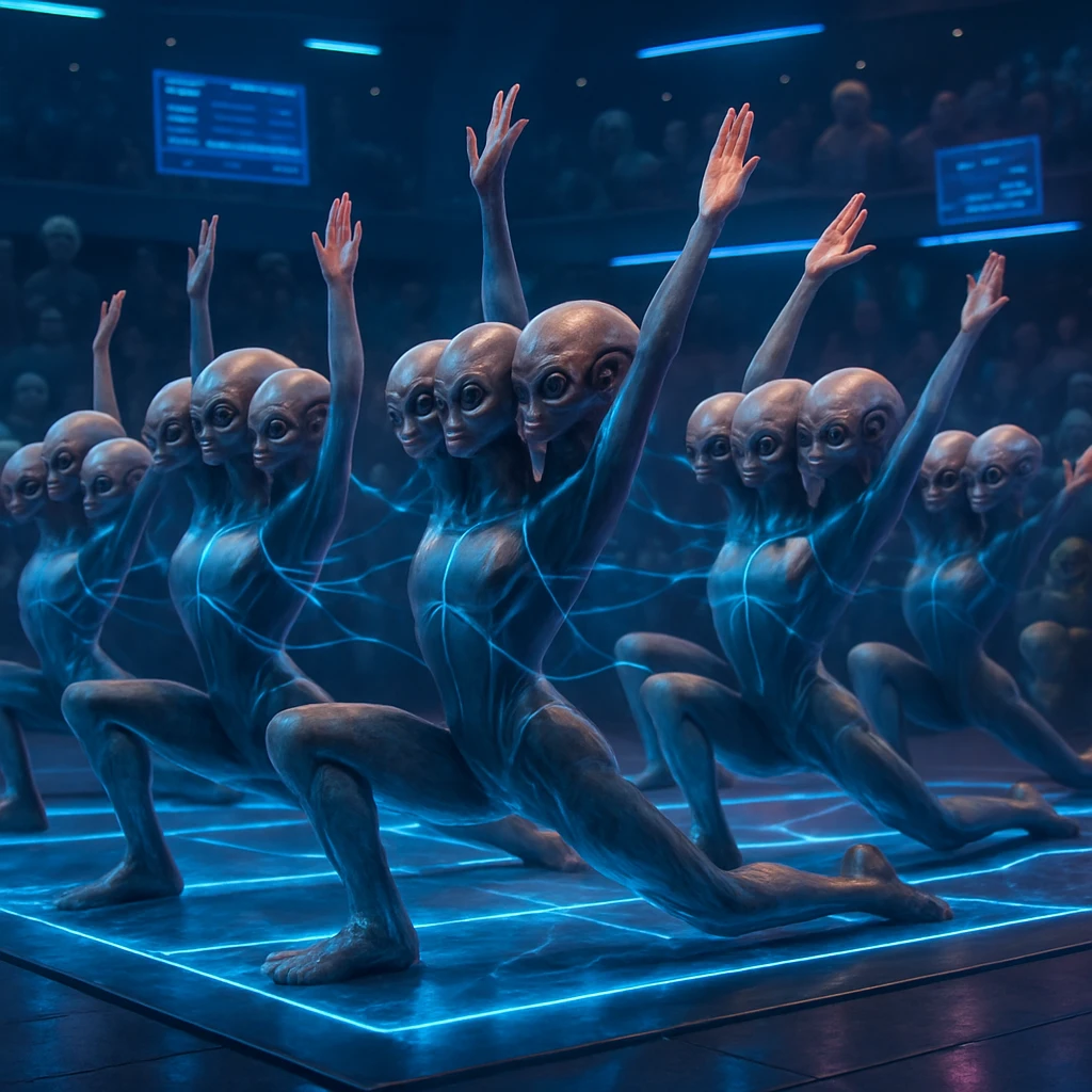 12体の多頭体エイリアンが光るマットで完全にシンクロしたピラティスポーズをとっている未来的な競技シーン。
