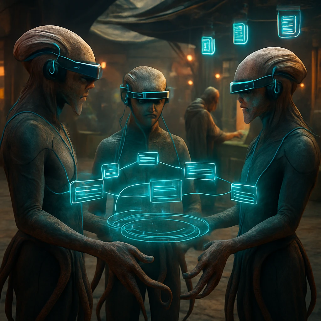 未来的な広場でシルダル族の若者が脳波ヘッドセットで集団ウォレット認証を行い、奥で年配者が触手ID儀式をしている様子の写真風イメージ。