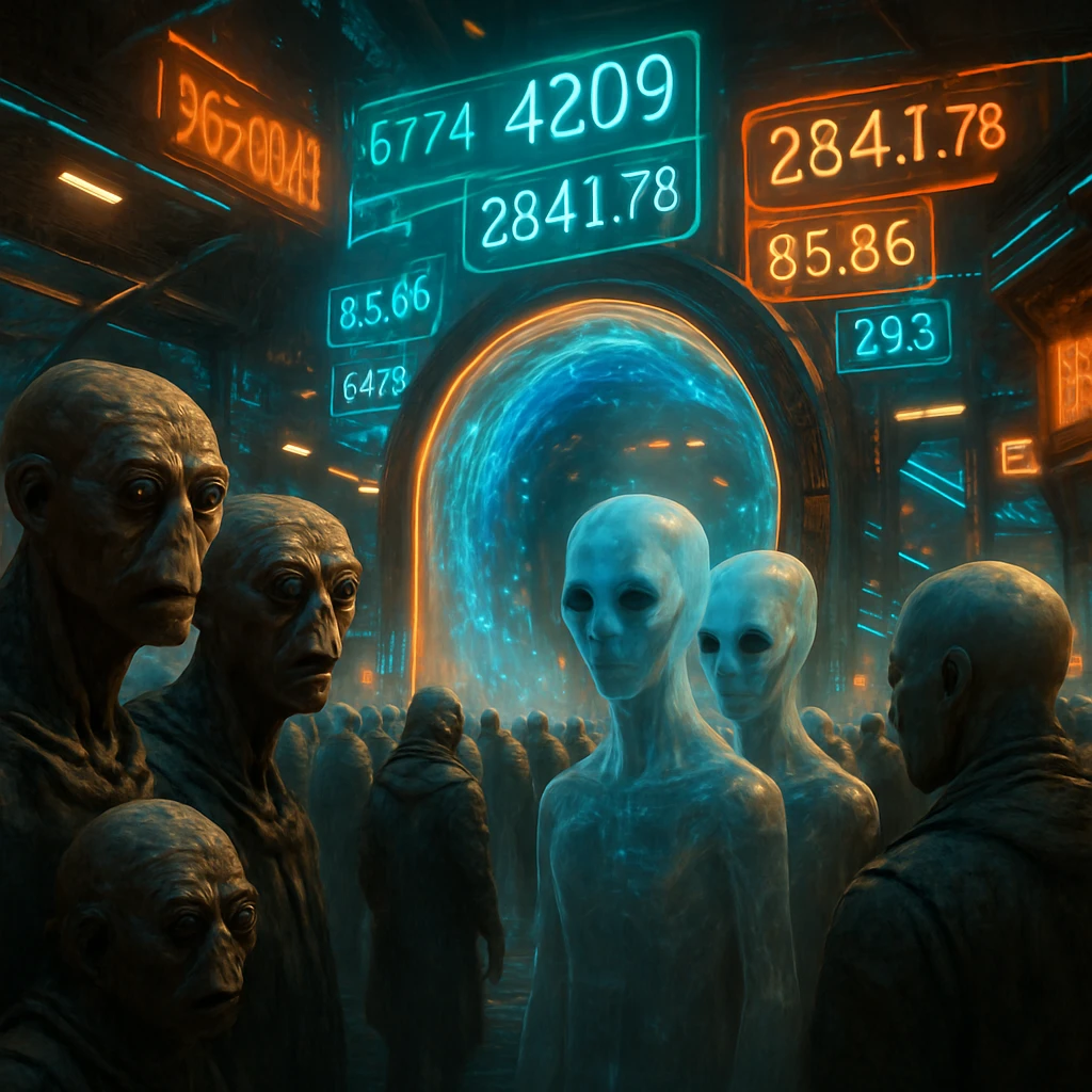 未来的な星間都市の市場で多様なエイリアンと時空ポータルが並び、ホログラムの価格表示が輝いている様子。