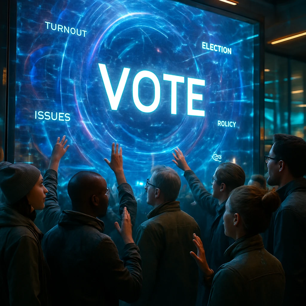 未来的な都市空間で、市民たちが巨大なデジタル投票パネルを操作している写真風の画像。