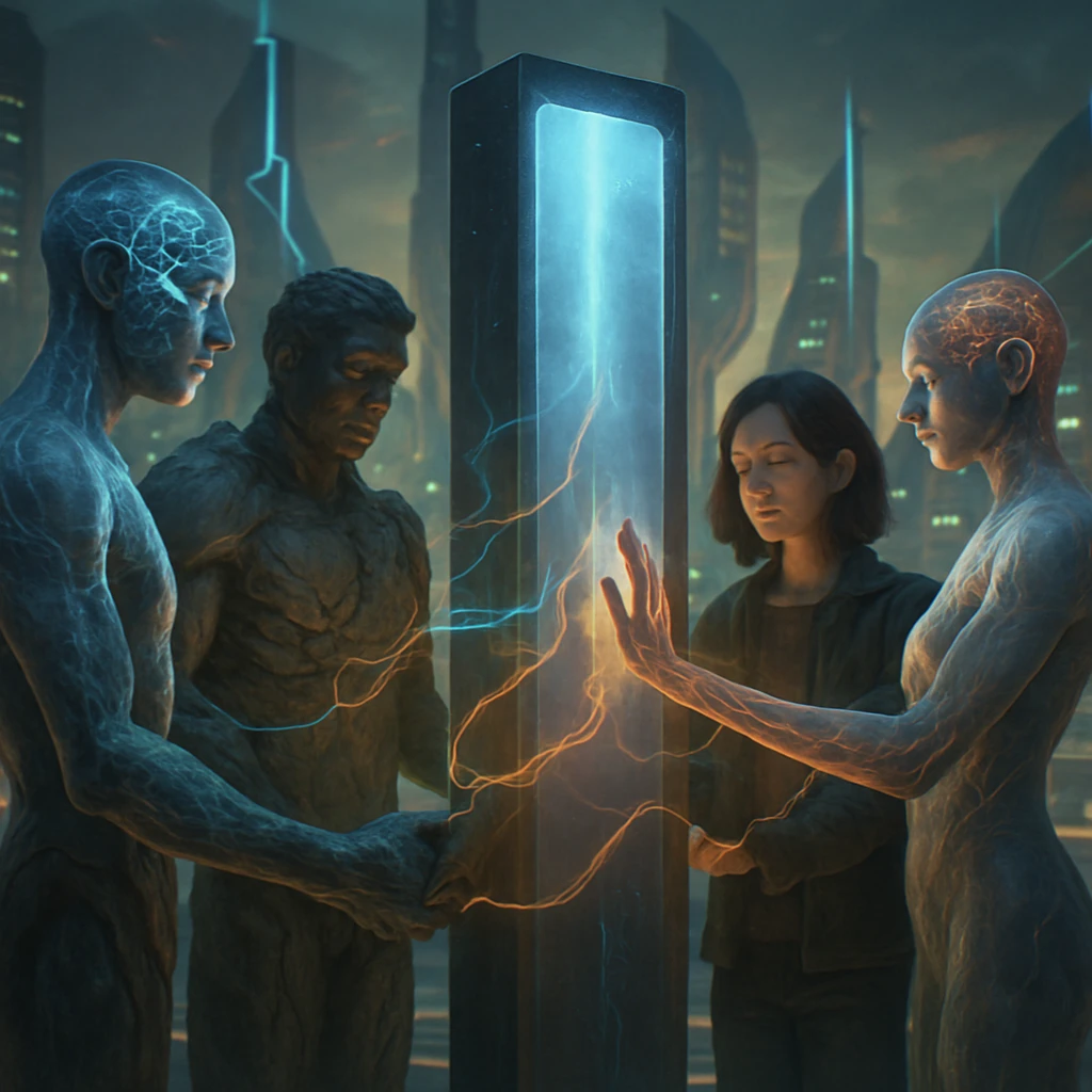 多種族が光るモノリス装置を囲み、色付きのエネルギーがつながる都会の広場で静かに共鳴する光景。