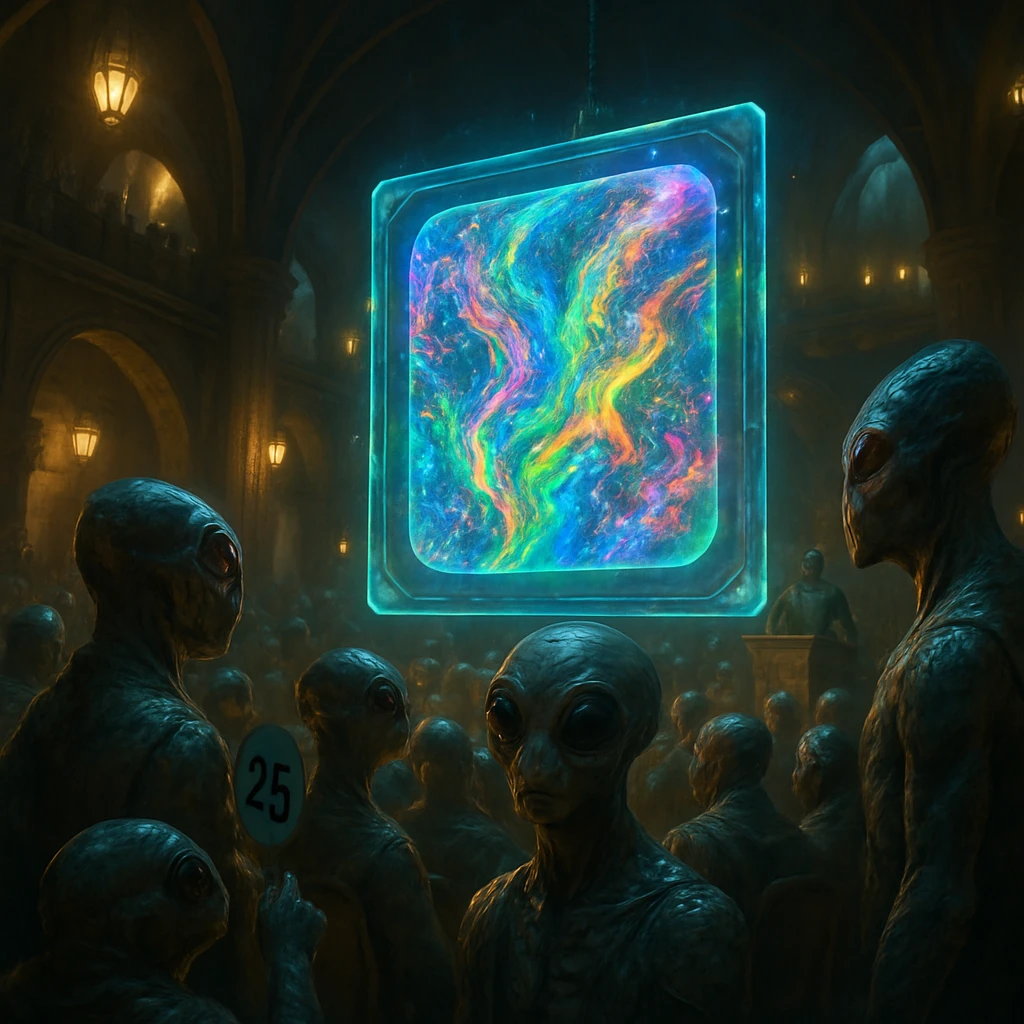 オリカル星系ラトバー市の巨大ホールで、多様な異星人たちが中央に浮かぶ変異NFTアート作品を見つめているシーン。