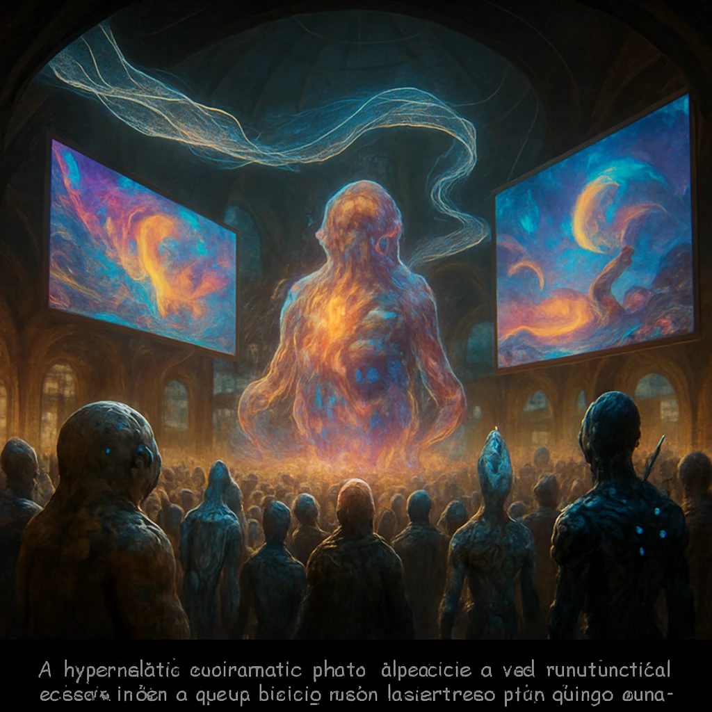 巨大な未来都市ドーム内で多種多様な異星人たちが、鮮やかなホログラムスクリーンに照らされながら集う祝祭の一場面。