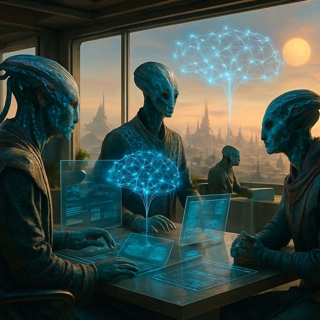 透明なデジタルインターフェースを前に、異星のユルダ＝シャ・ムン族が未来的なオフィスで協働している写真風イメージ。