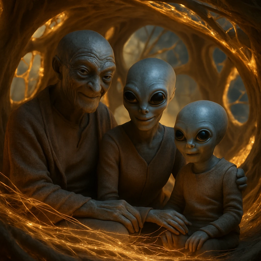 異星人の三世代家族が、光る生体構造体『ネストバブル』内部で仲良く集まっている様子を描いた写真風画像。