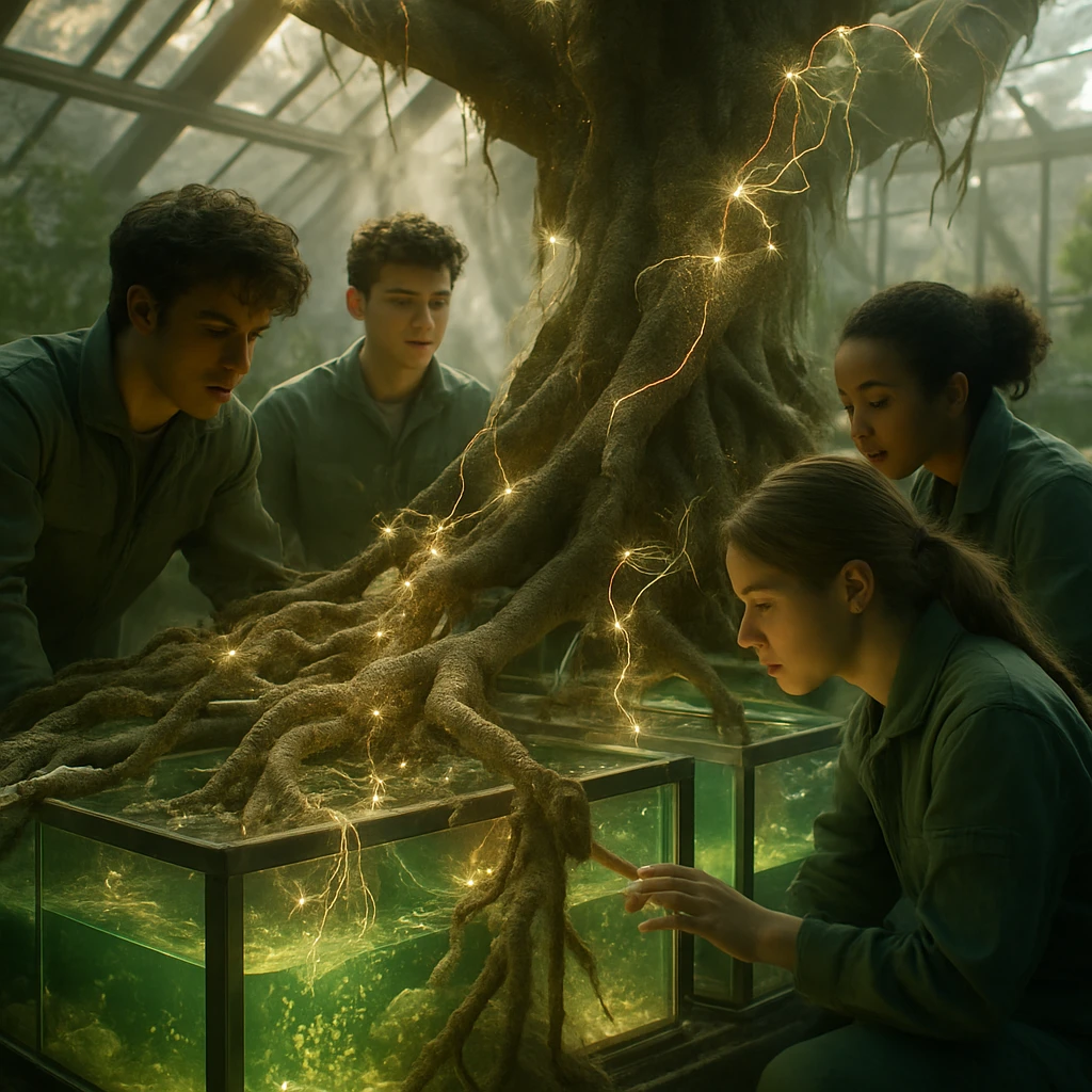 巨大な根網と発光するタンクを囲み作業する若者たちが温室内部で協力している様子。