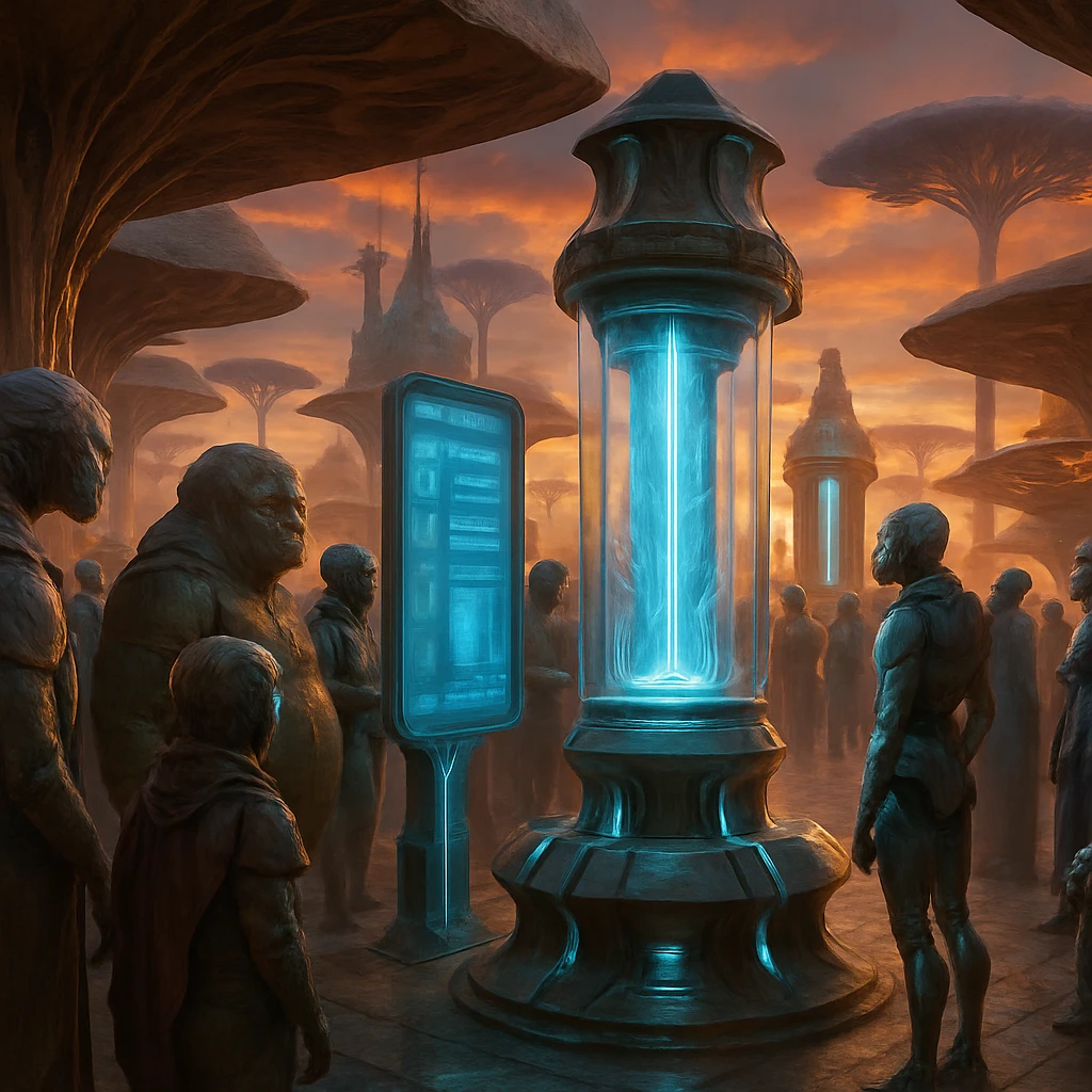 異星種族とAIが近未来的な広場に集まり、情報パネルや先進的な装置を囲んで交流する様子のリアルな写真風画像。