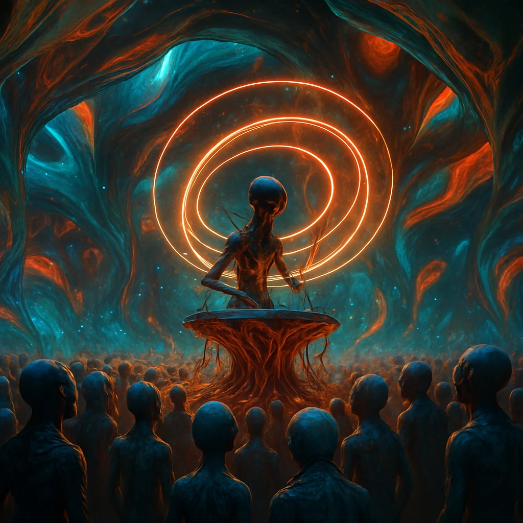 生体構造物の中で無数の触角と光輪が輝く宇宙的音楽フェスティバルの一場面。