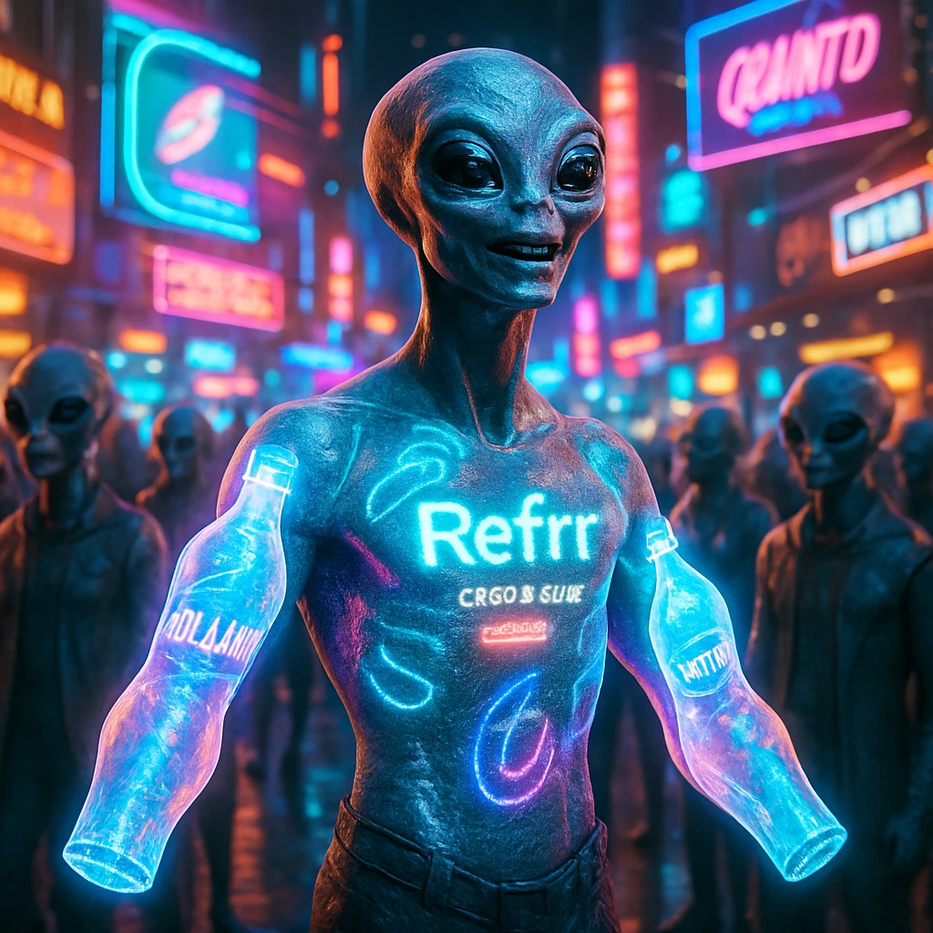 ネオンが輝く近未来都市でインフルエンサーの腕が発光するエネルギーボトルに変化し、身体にブランドロゴが投影されている様子。