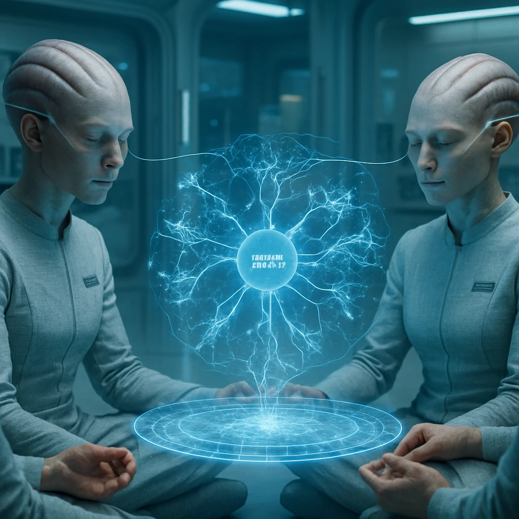 多脳葉を持つ異星人の看護師たちが円形に座り、ホログラムマップを囲んで意識接続している未来的な医療施設内の様子。