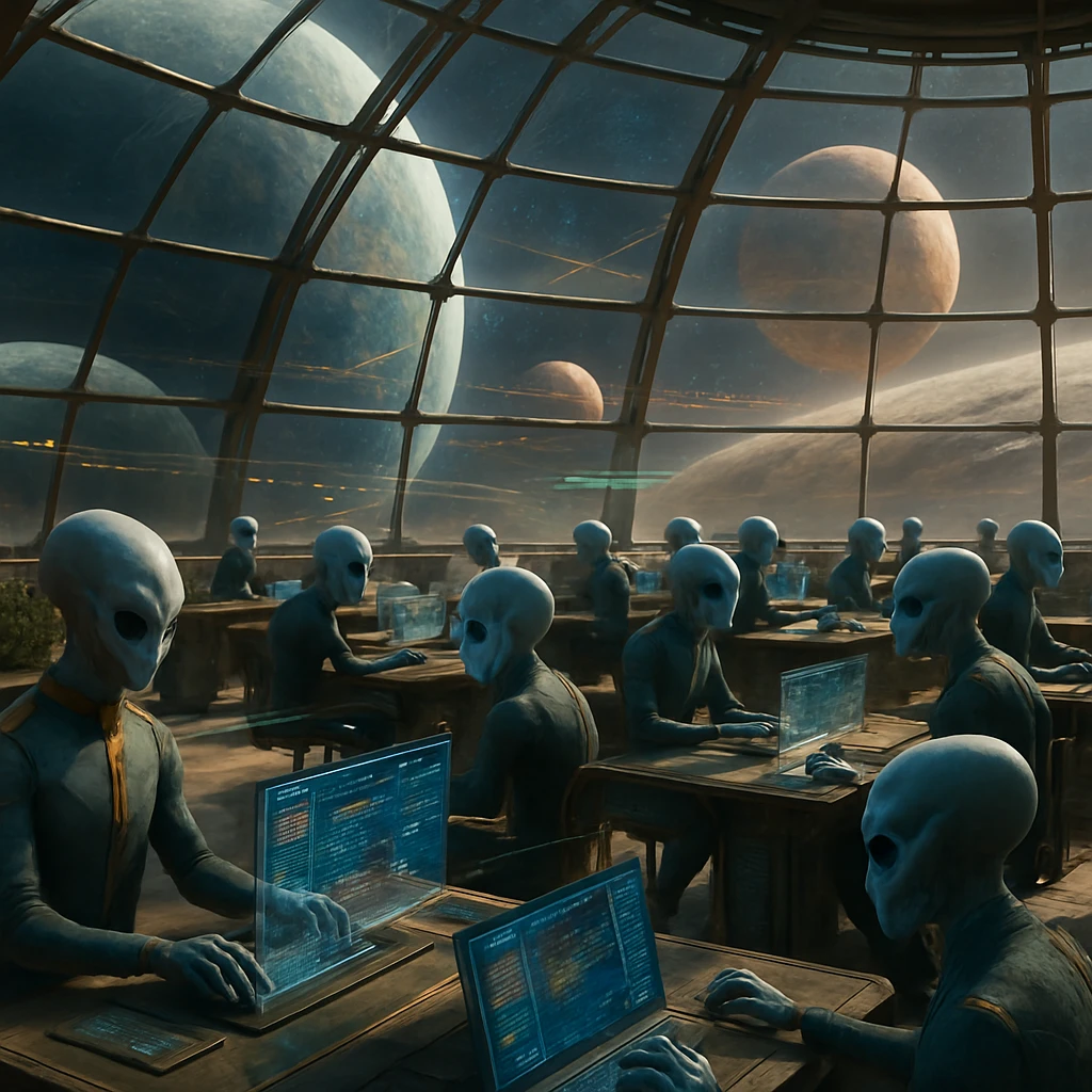 宇宙都市の開放的なコワーキングスペースで、同じ姿をした複数のゼラリア種族が先進的なホログラム端末を使っている様子。