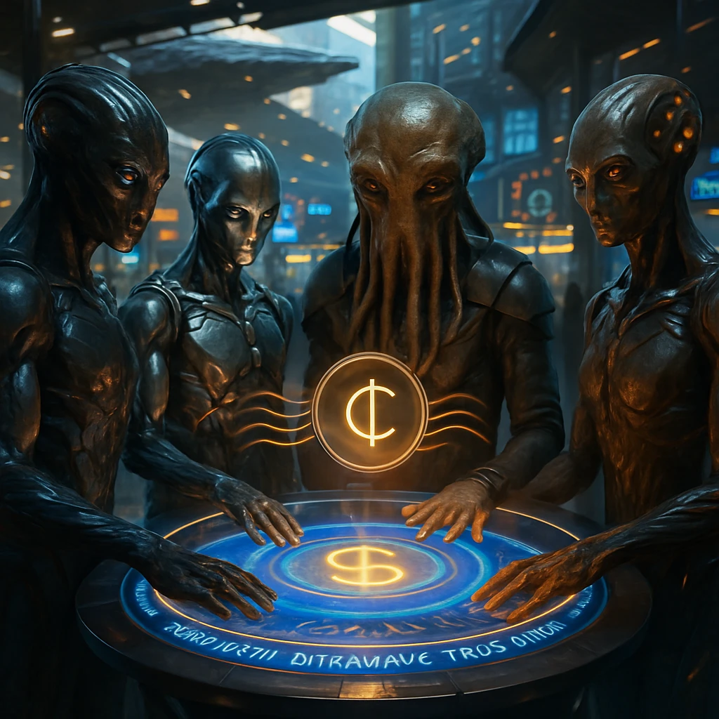 さまざまな種族やAI生命体がホログラム化された取引インターフェースを囲み、発光する通貨波形でつながっている未来的な銀河市場のワンシーン。