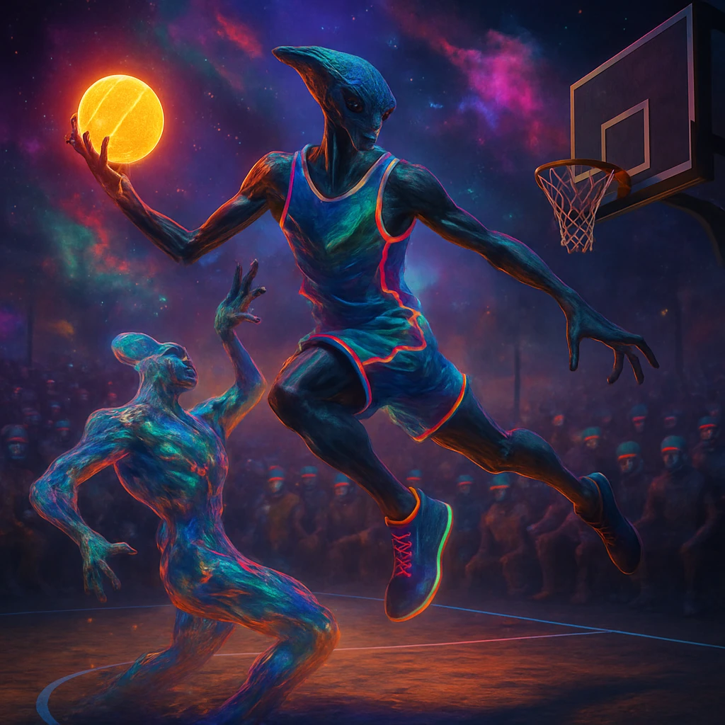 多腕の異星人プレイヤーが重力変調コートでリキッド状の対戦相手をかわしながらジャンプシュートを放つ試合場面のリアルな写真風画像。