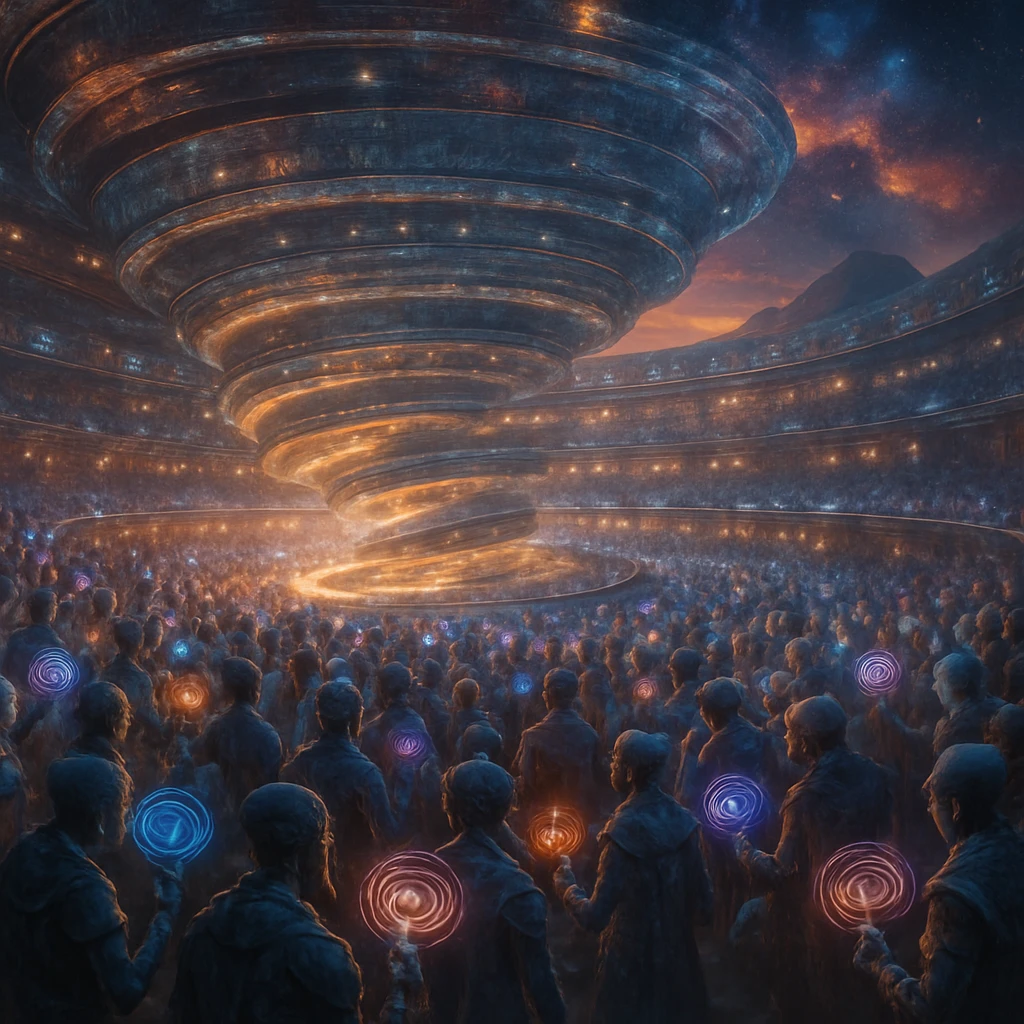 螺旋型の巨大な多次元アリーナで、多種多様な異星種族が光と音波に包まれて交流する様子。