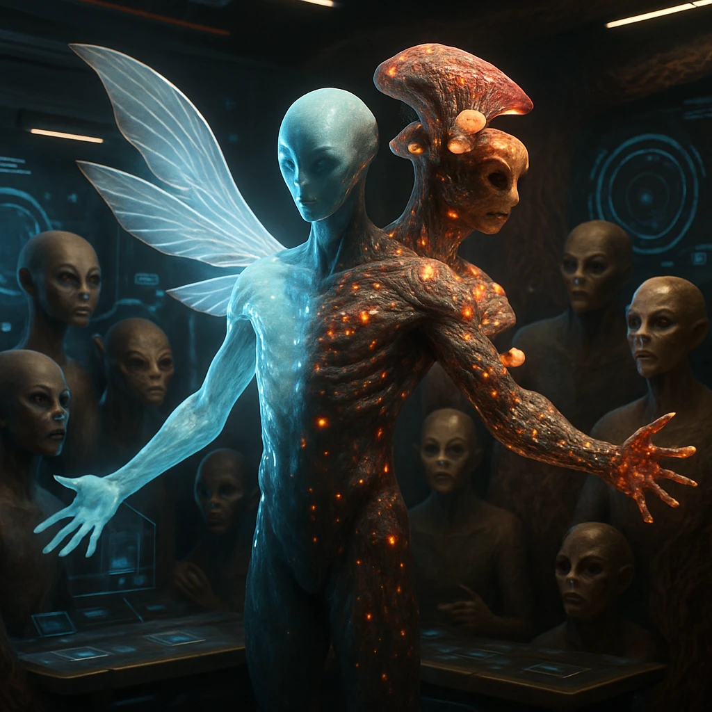 未来的なワークスペースで、姿を変化させている異星人リノロス氏と、それを驚きと共に見守る多様なファンたちの写真風シーン。