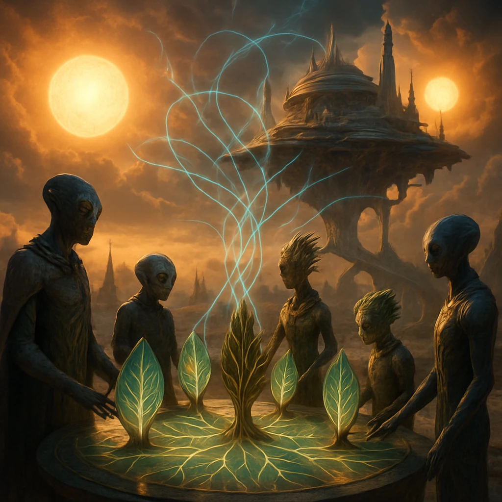 二つの太陽の間に浮かぶ都市の円形広場で、さまざまな種族が光る葉状デバイスを手に思念を共有している幻想的な風景。