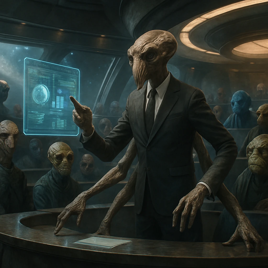 多腕のネフィ族と様々な異星人が集う銀河評議会の会議室で、ネフィ族代表がホログラムを用いて説明している場面。