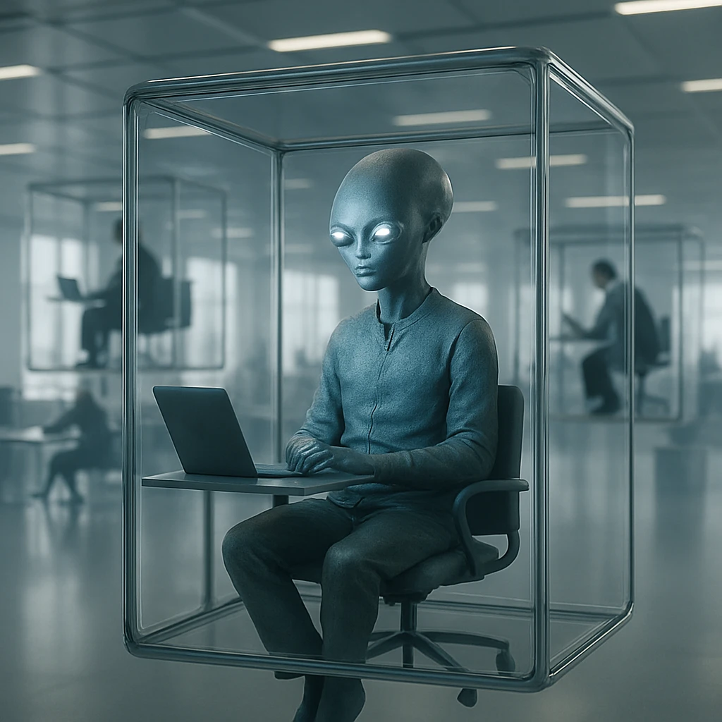 透明な浮遊立方体の中で静かに作業する異星人労働者を捉えた近未来オフィスの様子。