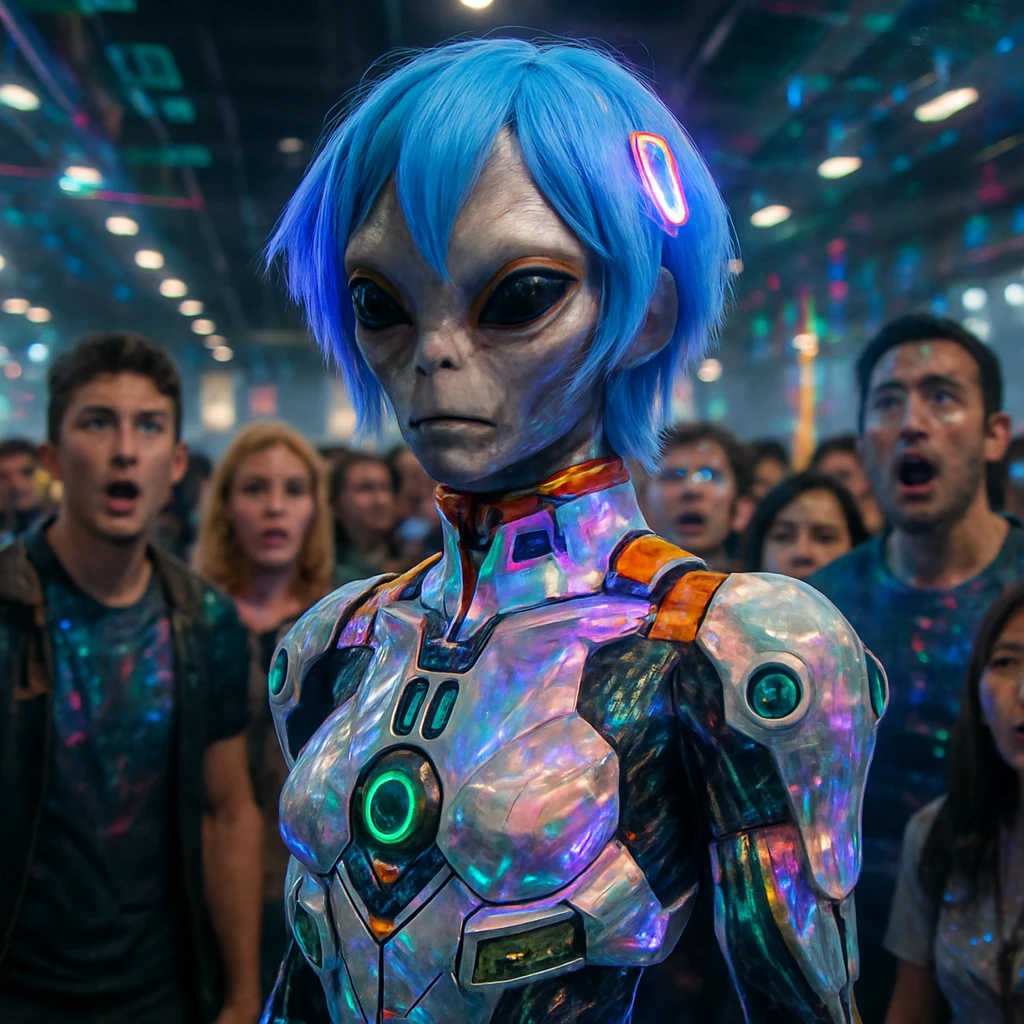 銀河系のコスプレイベント会場で、バイオ融合型衣装を身につけた異星人コスプレイヤーと、その周囲で驚く観客たちの写真風描写。