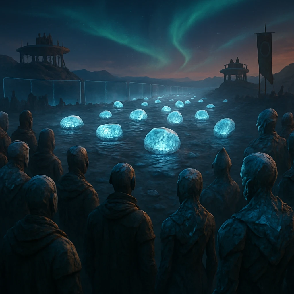 異星の岩石平原で、発光する鉱石群の遊行を見守る多様な人々と保護バリア、観察台の様子。