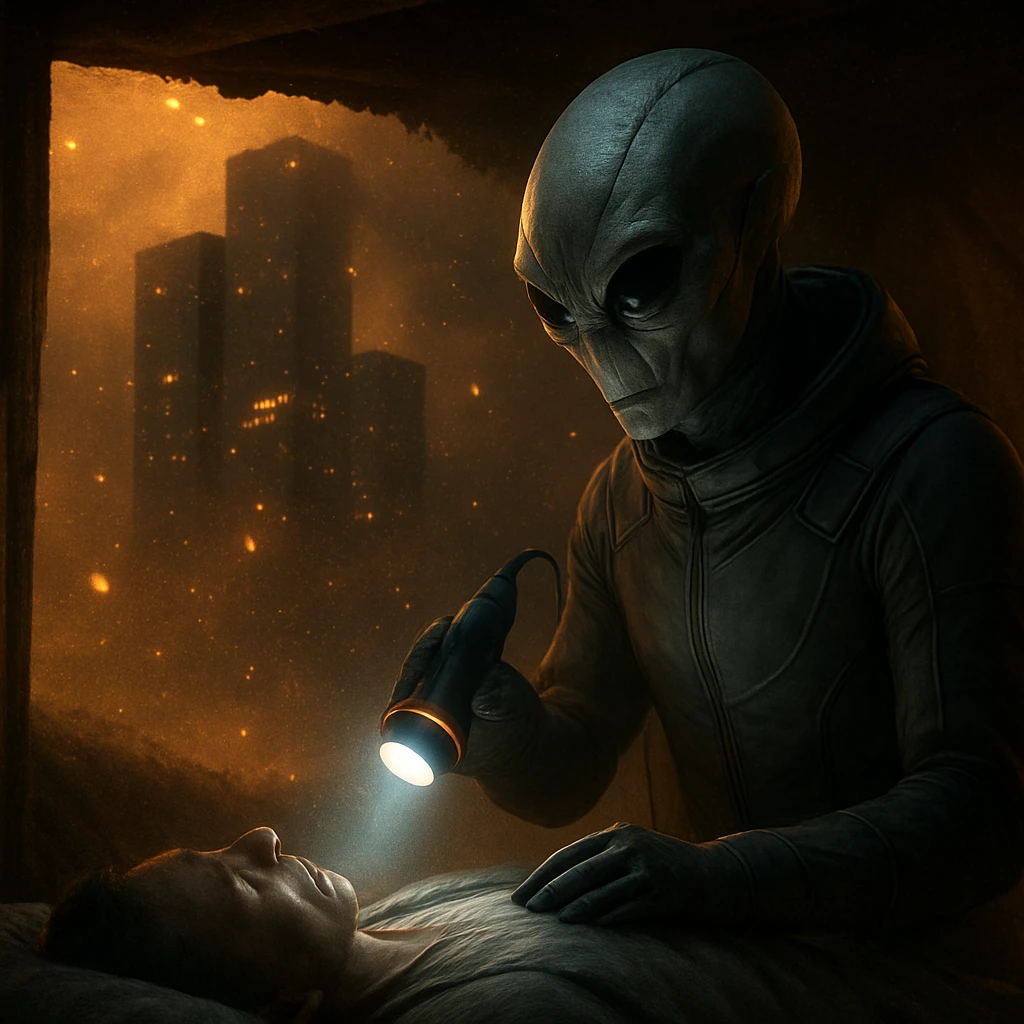 砂塵に包まれた避難シェルター内で、異星人の医療技師が発光する装置を患者に使用しているリアルな場面。