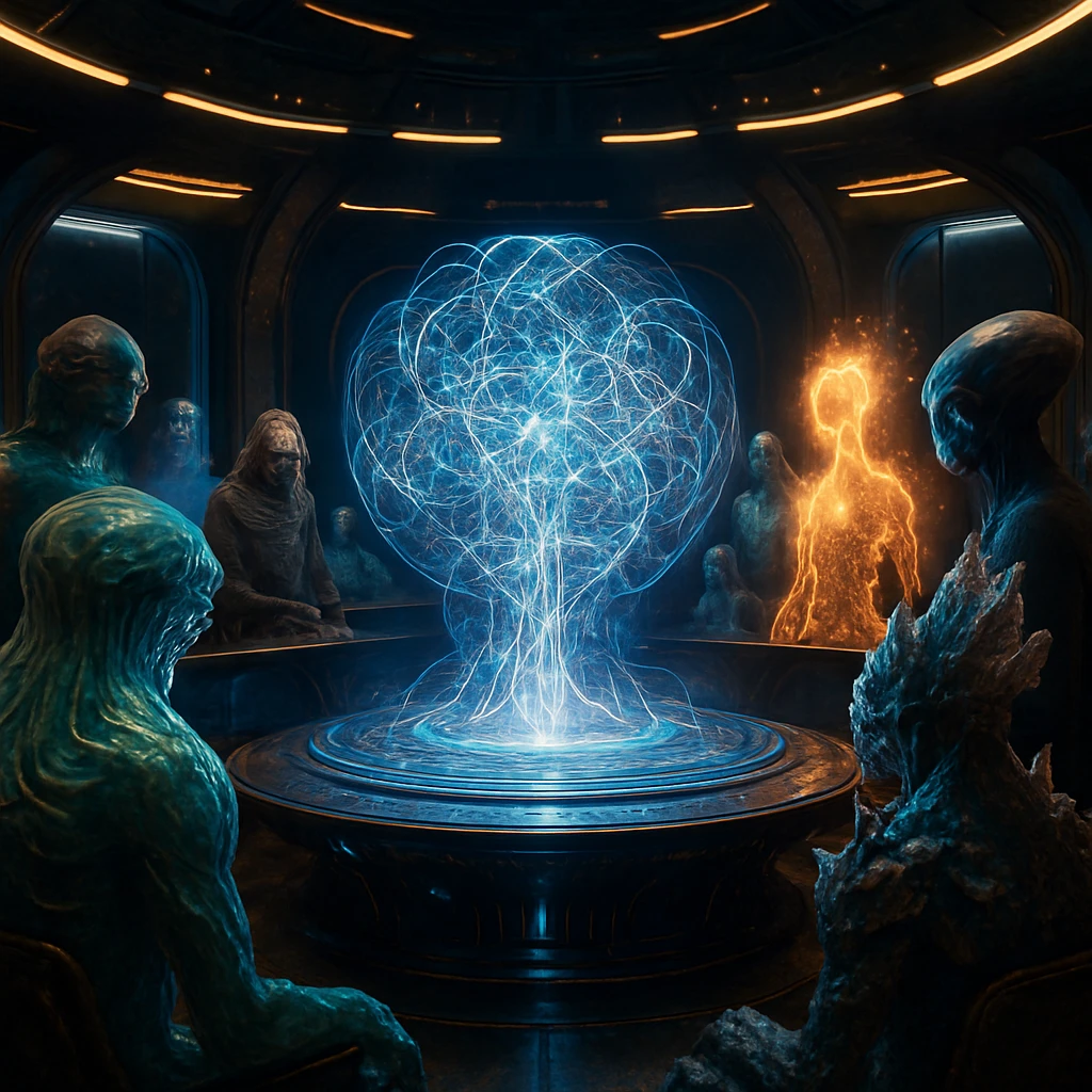 多様な異星種族が集い、中央で発光するAIコアを囲んでいるSF風の会議室の写真風画像。