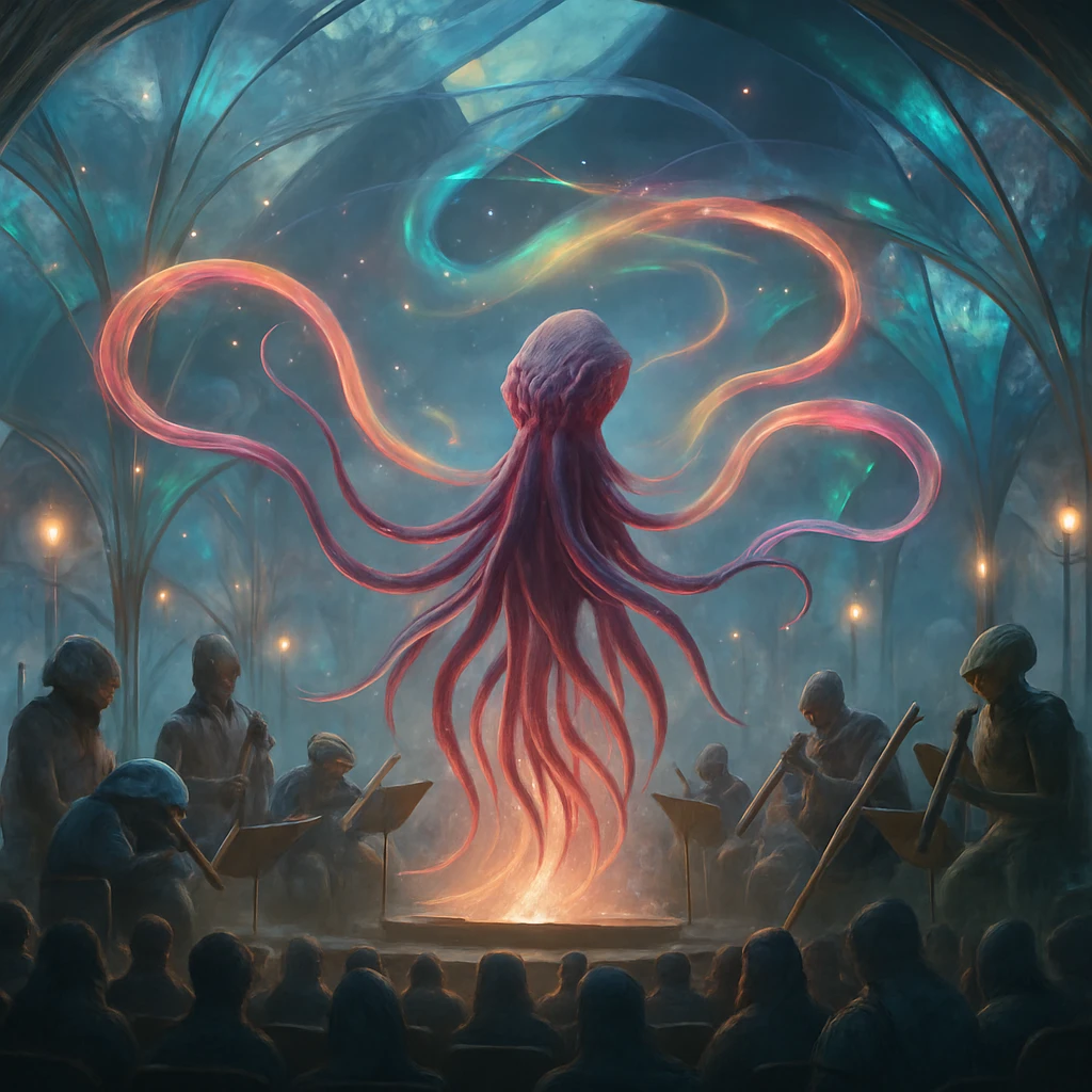 透明な結晶構造の音楽ホールで、多触手の指揮者と多様な種族の奏者たちが共演しているシーン。