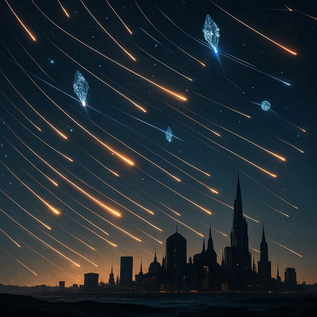 夜のカリッファ星都市の上空に、青白く輝く人工流れ星群と結晶状の人工衛星が軌道を描いている様子。