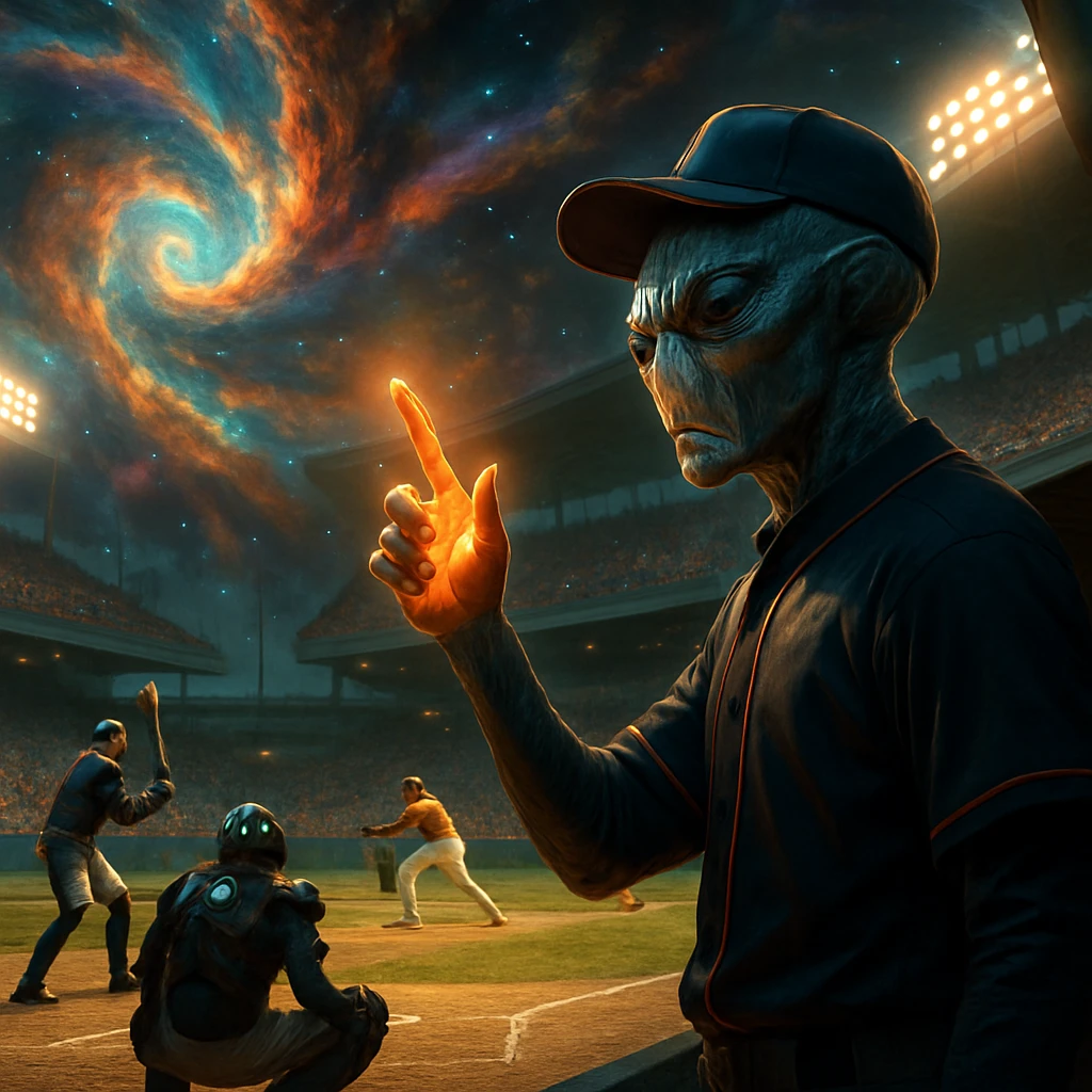 近未来の銀河野球スタジアムで、異星人の監督が手をかざして審判と選手たちの注目を集めているシーン。
