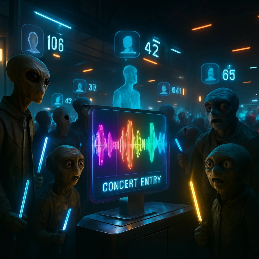 未来的なコンサート会場の受付で、光るペンライトを持った観客たちが混雑し、頭上にホログラムの番号やアイコンが浮かんでいる様子。