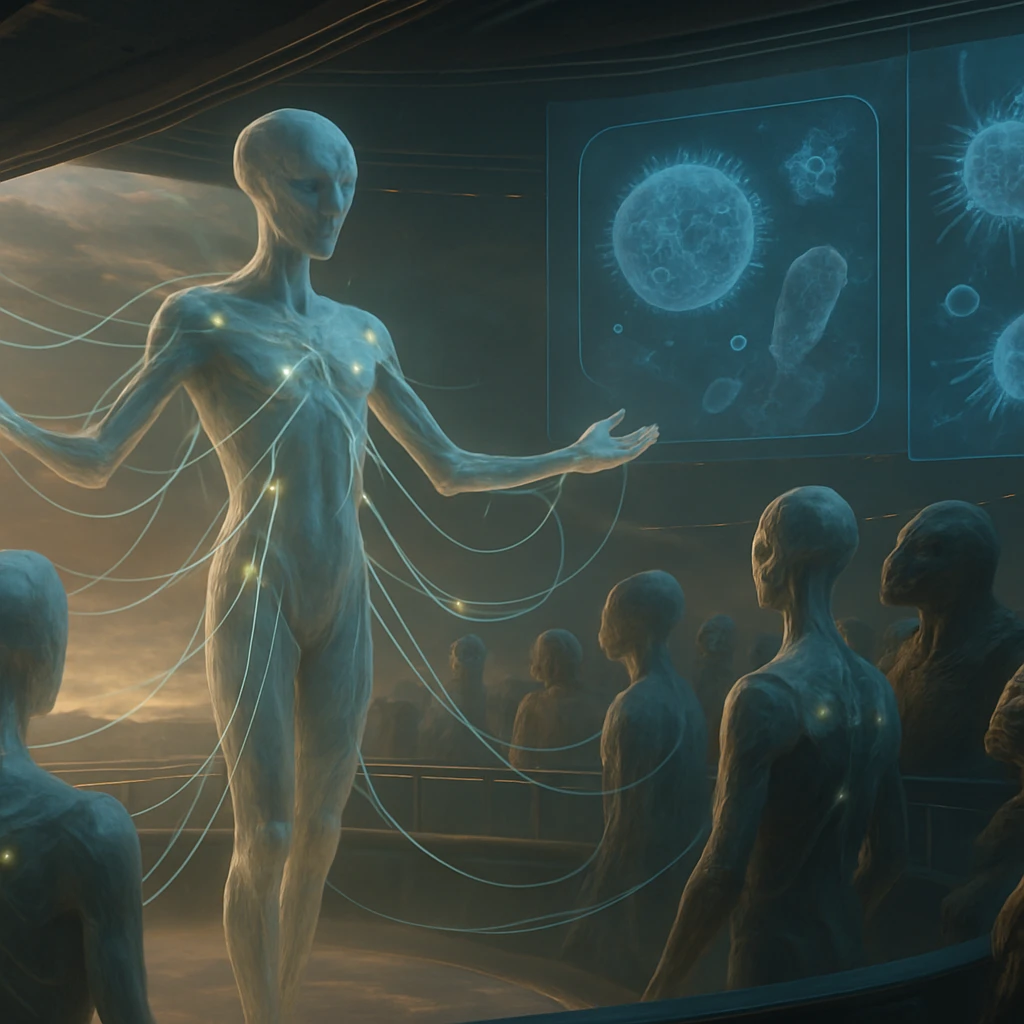 半透明体の異星人たちが会議場でバイオルミネセンスの糸でつながれ、中央のリーダーが光を放ちながら演説している未来的な光景。