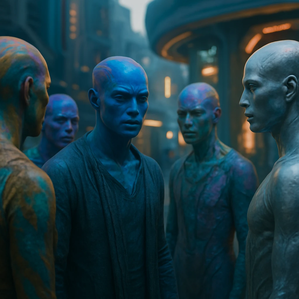 色とりどりの肌を持つ複数の人物が未来的な都市の街角で集まり、ひとりの青色肌の人物が目立つ配置で話し合う様子。