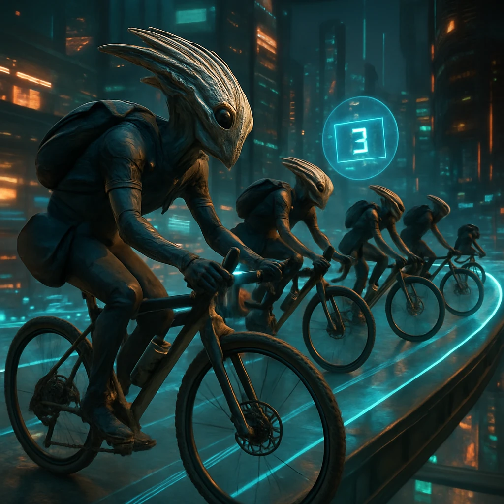 未来的な多層都市で異種族が独自デザインの自転車で競う場面を写した写真風画像。