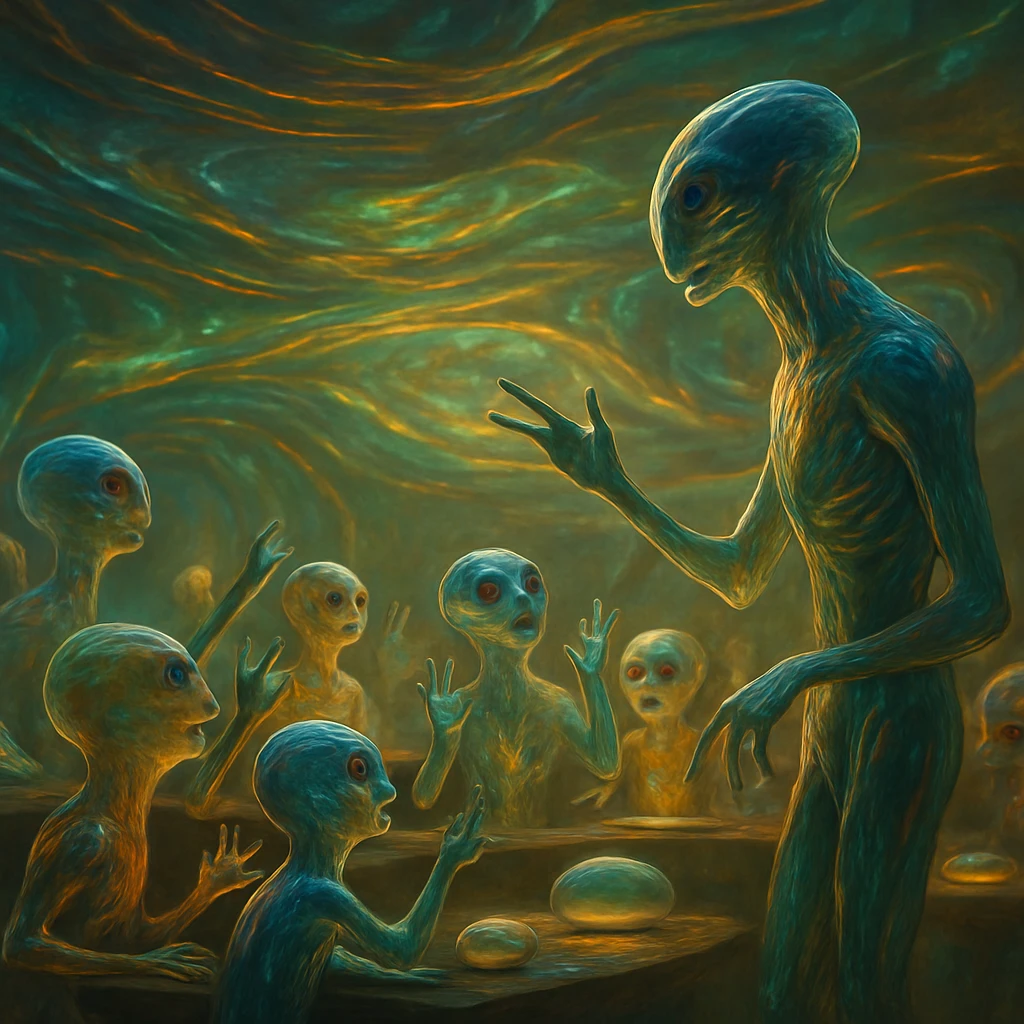 液晶状の身体を持つスピロス族の幼生たちが光る教室空間で自由に議論している場面。