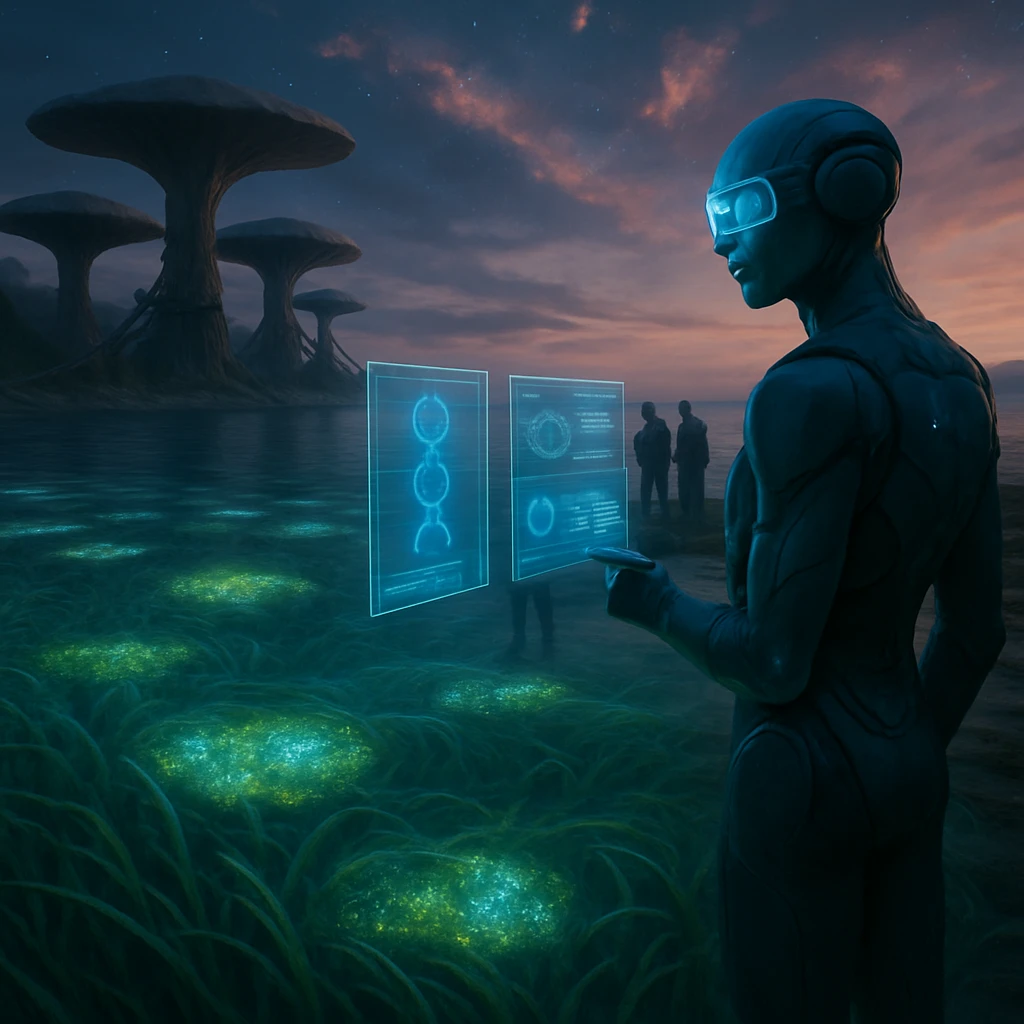 夕暮れの異星サリア湾で、エコスーツ姿の科学者たちが海草の群生地を監視し、周囲には発光する藻類と巨大な菌類が見える。